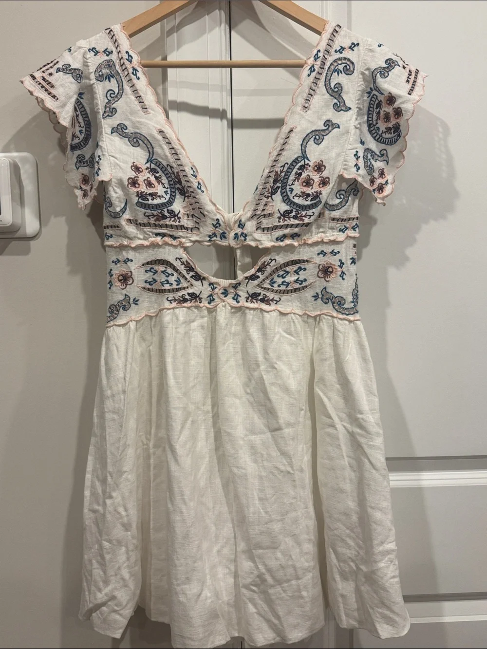 Free People White Mini Dress with Blue and Pink Paisley Embroidery